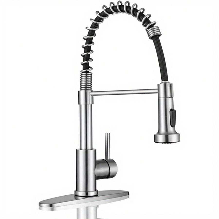 Kitchen Sink Faucets, Kitchen Faucets With Pull Down Sprayer Sus304 Stainless Steel Brushed Nickel Single Handle Single Hole Faucet For Farmhouse Rv Utility Bar Laundry Sinks - Silver - View 1