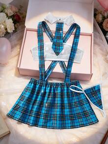 四件套女士性感制服套装，包括：透视网纱无肩带文胸、交叉露背格子迷你连衣裙、格子领结、格子丁字裤和性感内衣连衣裙 - 藍色 - 查看 6