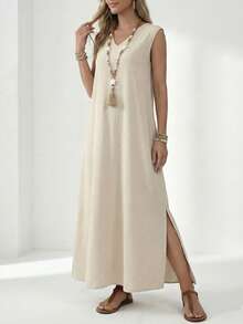 女士宽松飘逸长款连衣裙 - 简约无袖V领米色夏季连衣裙，适合海滩、派对和日常穿着 - 米色 - 查看 1