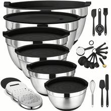 TAIMASI Mixing Bowls With Airtight Lids Set, 26PCS Stainless Steel Khaki Bowls With Grater Attachments, Non-Slip Bottoms & Kitchen Gadgets Set, Size 4.5, 3.6, 2.7, 2.1,1.7, 1.1QT, Great For Mixing & Serving - 黑色 - 查看 1
