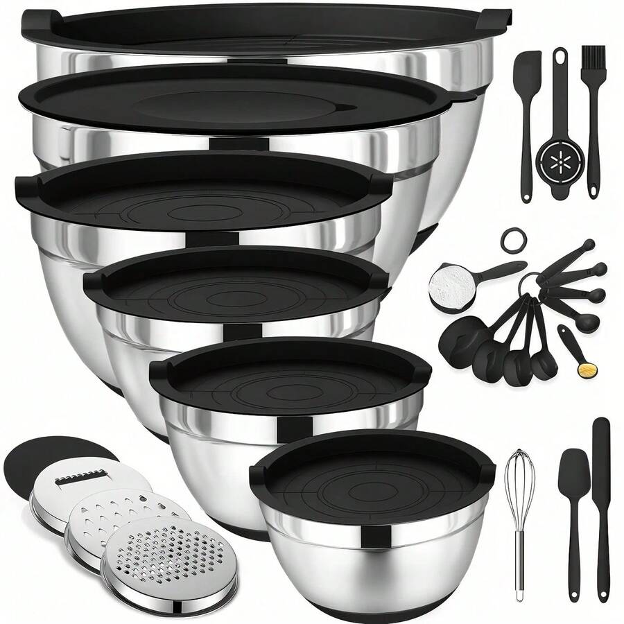 TAIMASI Mixing Bowls With Airtight Lids Set, 26PCS Stainless Steel Khaki Bowls With Grater Attachments, Non-Slip Bottoms & Kitchen Gadgets Set, Size 4.5, 3.6, 2.7, 2.1,1.7, 1.1QT, Great For Mixing & Serving - 黑色 - 查看 1