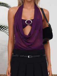 Women 2-Piece Set, Sleeveless Backless Halterneck Sheer Top With Bra For Club Party - Purple - View 2