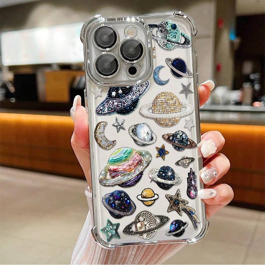 1pcs Sparkling Planet Galaxy Design Phone Case Compatible with Apple Phone17ProMax 16 15 14Plus 11 12 13 ProMax Antidrop Phone Case, Camera Protection Phone Case, Funky, Girlish Style, Stunning, Cute, Can Be Given To Friends, You Can Give It To Yourself - Plateado - Ver 1