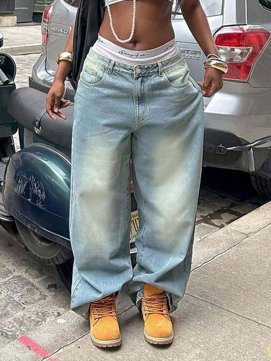 Oversized Wide-Leg Jeans For Spring & Autumn, Features High-Waisted Design & Elastic Waistband, All-Day Comfortable To Wear, Effortlessly Matches Various Tops, Ideal For Daily Outings, Casual Gatherings & Campus Life - 淺藍色 - 查看 1