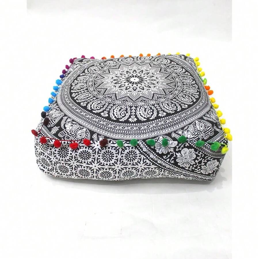 CRAFT CASTLE Mandala Mandala Barmeri Large Floor Pillow Cover Cushion Meditation Seating Ottoman Throw Cover Hippie Decorative Zipped Bohemian Pouf Ottoman Cases (Black And White, 16\ Square) - Đen và Trắng - Xem 1