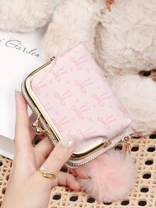 With A Pom-Pom Charm,Women Wallets Short Pu Leather Purses Zipper & Hasp Purse Multifunctional Large Capacity Money Bag For Women Coin Card Holders Lightweight,Fashion Modern,Business ZipperCredit Card Business Casual Teachers' Day,Teacher Gifts,For Anniversary,For Birthday Gift,For Lady,For Female,White-Collar Workers - Pink - View 2