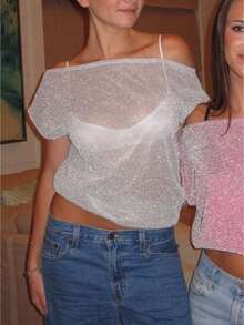 Glitter See Through Tops Women: Sheer Mesh Off The Shoulder Short Sleeve Shirts Summer Sparky Crop Tee Top Blouse - 白色 - 查看 1