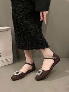 2026 New Spring Buckle Rhinestone Flat Square Toe Black Office Lady Mary Jane Shoes - Brown - View 4