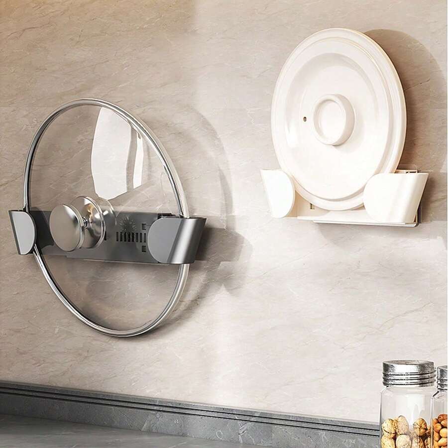 1pc Kitchen Wall Mounted Pot Lid Rack, Home Use No Drill Storage Organizer Rack, Adjustable Retractable Cutting Board Holder - Multicolor - View 1