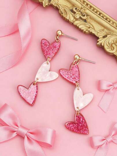 1 Pair Cute Sweet Dopamine Geometric Contrast Color Heart Shaped Earrings, Fashionable Korean/Japanese Style
