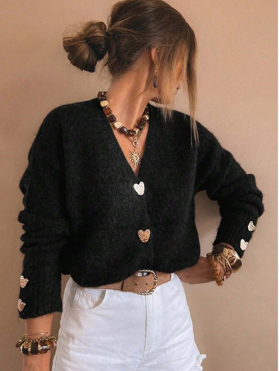 Áo khoác cardigan dệt kim cổ chữ V cài nút hình trái tim SEREN dành cho nữ, màu đen, dáng rộng, thích hợp cho ngày Valentine. - màu đen - Xem 1