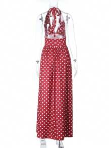 V-Neck Polka Dot Dress, Summer Style From Southern France - Red - View 3