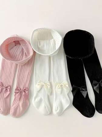 3 Pairs Bow Decor Warm Tight Leggings For Kids, Autumn/Winter