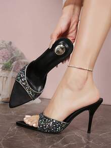 2026 Summer New European And American Pointed Toe Thin High Heel Sandals, Fashion Sexy Crystal Strap Slides For Women - Black - View 3