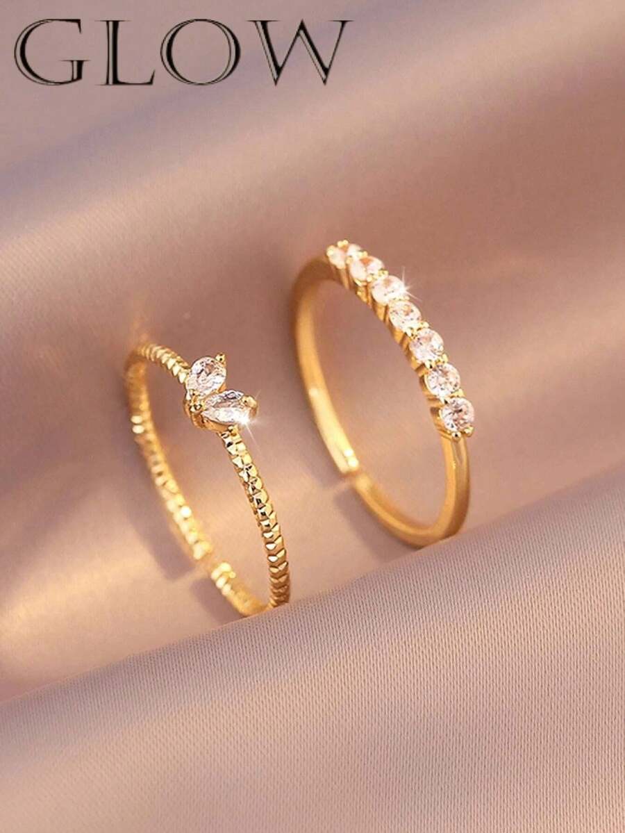 2枚奢华优雅铜合金心形水钻可调节戒指，适合少女佩戴，情人节及日常佩戴皆宜。