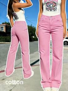 Women's Pink Classic Sweet Straight Leg Jeans, Y2K Casual Long Pants, Spring Everyday Fashion Must-Have - Pink - View 1