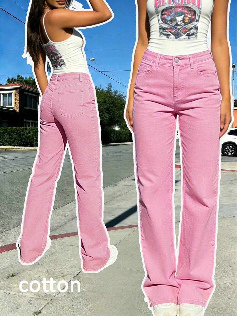 Women's Pink Classic Sweet Straight Leg Jeans, Y2K Casual Long Pants, Spring Everyday Fashion Must-Have - Pink - View 1