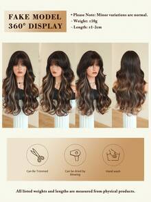 NICKY WALL 26英寸深棕色长卷发合成假发，带自然刘海，金色挑染，柔软耐热纤维假发，女士波浪假发，适合日常、派对、节日等场合佩戴，是馈赠佳品。 - 深棕色 - 查看 7