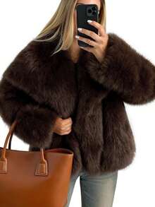 TRAFZA Women's Faux Fur Elegant Jacket, Casual Luxury Solid Color Coat, Warm Loose Women's Fashion Street Style Long Sleeve Jacket - Brown - View 12