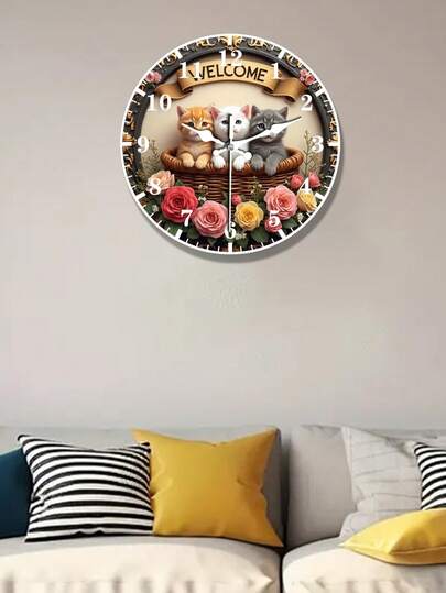 1pc 2D Printed "3 Cats Welcome" Round Metal Plaque, Vibrant Decor For Living Room, Bedroom, Porch And Front Door, No Electricity Needed, Artistically Inspired Natural Design, Front Door Decor | Decorative Tree Art | Textured Metal Surface, Perfect Room Decoration