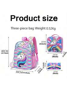 新款全息亮片可爱鱼尾刺绣三件套背包，学生书包，轻便耐用，串珠鱼尾背包，大容量，方便携带，返校礼物 - 粉色 - 查看 2