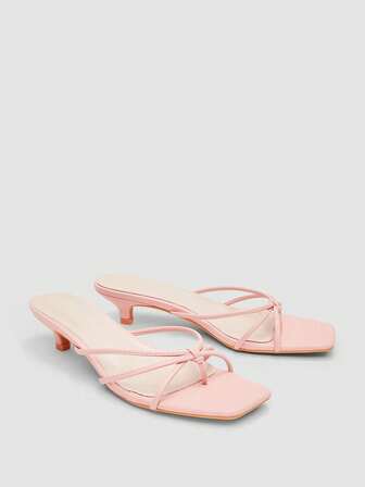 女士高跟凉鞋，粗方跟酒杯鞋跟，时尚一脚蹬粉色踝带凉鞋，双向穿露趾拖鞋