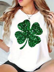 White T Shirt With Green Sequin Four Leaf Clover Design St Patrick's Day Costume Top Women Casual Fashion Shirt220g - 白色 - 查看 2