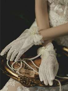 1pc Luxury Bridal Wedding Gloves, Cream White Tulle Pearl Bow Short Gloves, Lace Bridesmaid Dress Wedding Gown Accessory, Wedding Party Celebration Photography Prop, Elegant Romantic Ladies Lace Fingerless Gloves, Wedding, Valentine's Day - Multicolor - View 14