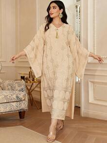 Vestido elegante con cuello en V bordado con borlas, estilo tradicional de Ramadán 2026 para mujeres - Albaricoque - Ver 7