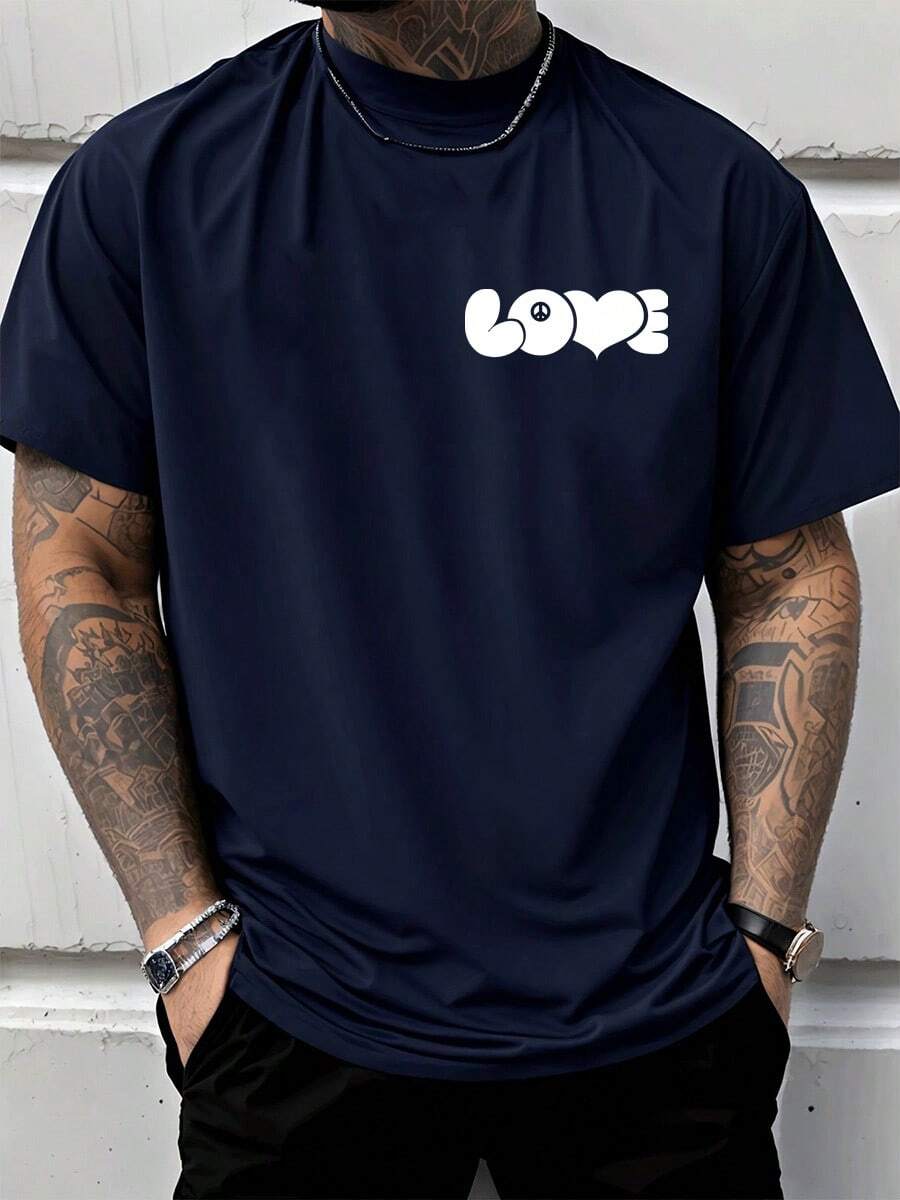 Navy Blue T-Shirt,Unisex Simple Crew Neck Short-Sleeved Top, Love And Peace (Anti-War Symbol), Short-Sleeved Crew Neck Casual Top, Hoping For Peace, Spreading Love, Printed T-Shirt, Retro T-Shirt. - 藏青色 - 查看 1