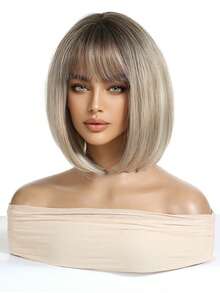 12 Inch Short Straight Hair Golden Wig,150% Density Lightweight Breathable Synthetic Hair Wig With Bangs ,Straight Light Brown Rose Net Cap For Women, Natural Look For Music Festivals, Elegant Bob Wig For WomenParties & Casual Attire - Unique Gift Idea,Short Straight Synthetic Hair With Side Part - Gold - View 5