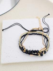 4件套时尚黑色水晶手工串珠手链套装，女士时尚节日派对首饰礼品