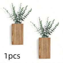 1pc Wooden Wall Hanging Flower Pot, Burnt Wood Color Farmhouse Style Decor Vase For Living Room, Artificial Flowers - 1-piece Wall-mounted Flower Pot - View 11