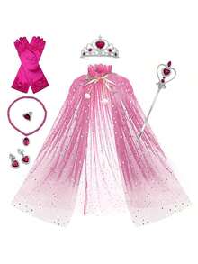 Ice & Snow Themed Party Costume Set Includes: 1 Star Cape, 1 Heart Magic Wand, 1 Rhinestone Crown, 1 Necklace, 1 Pair Of Earrings, 1 Ring, Suitable For Theme Parties, Birthdays (Multiple Colors) - Multicolor - View 4