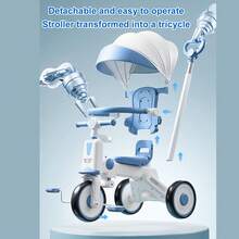 Triciclo para bebés con asa de empuje ajustable para padres, luz musical, toldo plegable, triciclo para niños pequeños de 18 meses a 5 años, niños y niñas - Azul - Ver 2