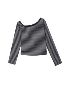 时尚斜肩条纹打底长袖修身T恤，女士款，随机拼接设计 - 深灰色 - 查看 6