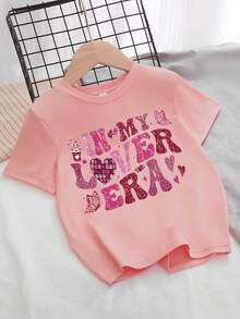 1 件“IN MY LOVER ERA”少女T恤，心形图案，春夏日常穿着 - 粉色 - 查看 2