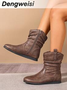 Brown Pleated Side Zipper Flat Round Toe Comfortable Versatile Office Commute Daily Casual Mid-Calf Boots, Suitable For All Seasons - Brown - View 1