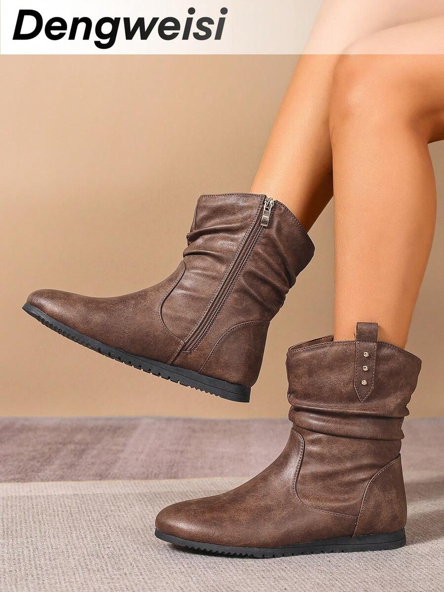 Brown Pleated Side Zipper Flat Round Toe Comfortable Versatile Office Commute Daily Casual Mid-Calf Boots, Suitable For All Seasons - Brown - View 1