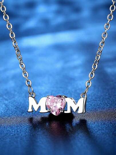 MONALLY Delicado collar de acero inoxidable con colgante de corazón de circonita cúbica rosa brillante para mamá - Regalo del Día de la Madre para la mamá y abuela perfecta, regalo reflexivo para uso diario