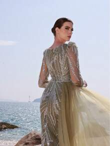 DELLA COUTURE Luxury Heavy-Embellished V-Neck Beaded Olive Green Mermaid Evening Gown With Unique Single-Side Mesh Design, Long Floor-Length Embellished Beaded Heavy-Embellished Evening Gown Ideal For Banquets, Proms, Parties, Weddings And Formal Occasions - Olive Green - View 7