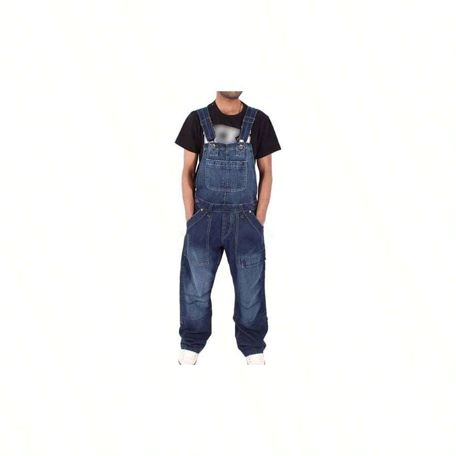 Denim Overalls With Fitted Pockets And Adjustable Suspenders - Biru tua + 4XL - View 1