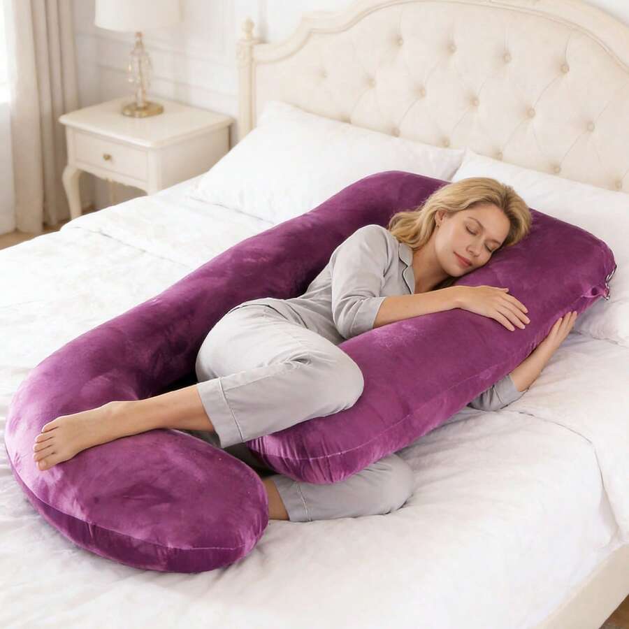 Pregnant Woman Pillow, J-Shaped Full Body Pillow For Sleep Support, Pregnant Woman Pillow, With Removable Velvet Cover, Black And Gray,Room Decor ,Pillow Covers - Màu tím - Xem 1