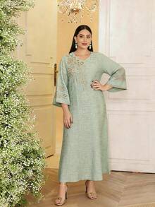 2026 New Style Elegant Embroidered Gold Arabic Dress JALABIA, Round Neck Long Sleeve, Fashionable And Graceful - Green - View 7