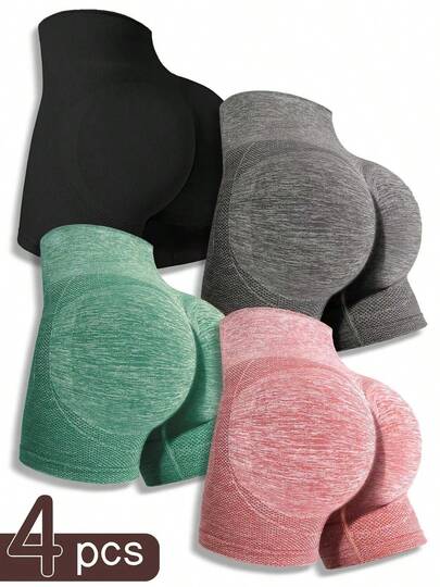 4pcs Solid Color Sports Shorts High Waist Women's Solid Color High Waist Sports Shorts | Casual Comfortable Breathable Seamless Knitted | Suitable For Yoga, Gym Sports