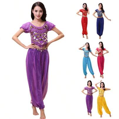2pcs Women's Belly Dance Costume Set, Includes Short Sleeve Top And Harem Pants, Adult Practice Outfit