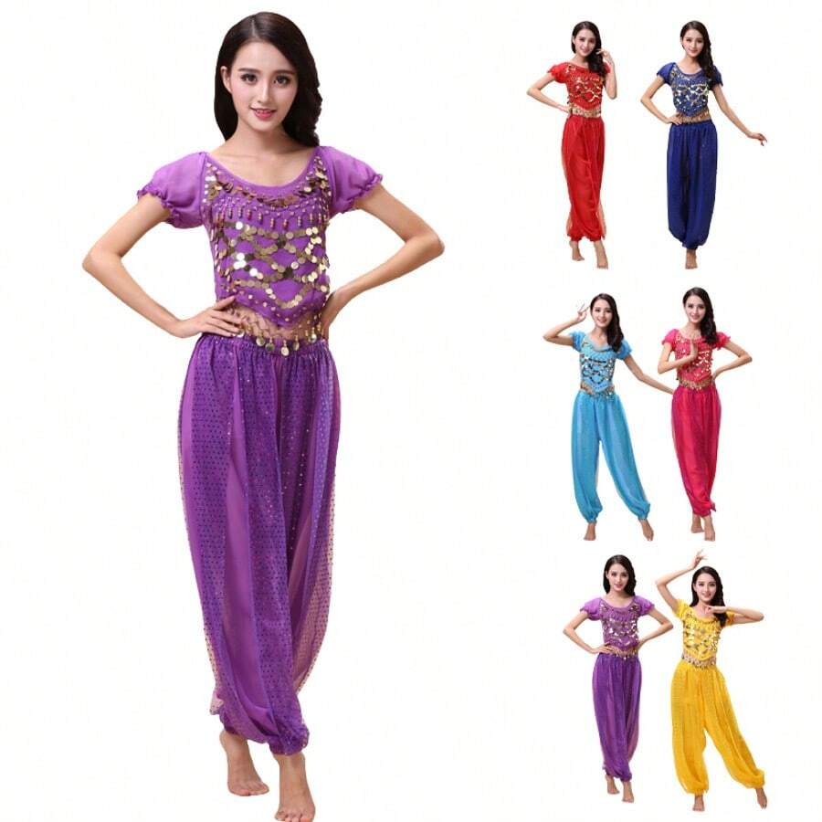 2pcs Women's Belly Dance Costume Set, Includes Short Sleeve Top And Harem Pants, Adult Practice Outfit - Multicolor - View 1