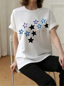 Y2K Cute Star Print Short Sleeve T-Shirt For Women, Loose Round Neck Slimming Sweet & Spicy Babe Style Tee - White - View 7
