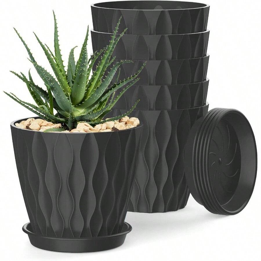 Inch Plant Pots 5 Pack, Flower Planters With Drainage Holes And Trays, Plastic Pots Indoor Outdoor Plants, White - 黑色 + 4英寸 - 查看 1