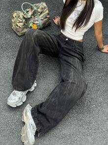 Street Slant Pocket Washed Distressed Loose Fit Wide Leg Denim Jeans Casual Daily Going Out Versatile Spring Summer Clothes For Women - Black - View 6